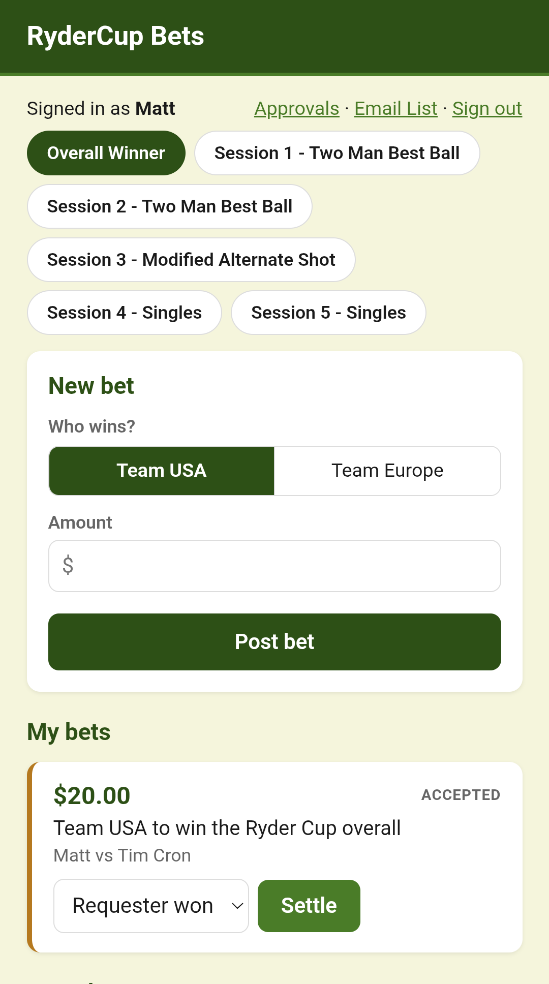 myClubGolf Bets — placing and accepting bets